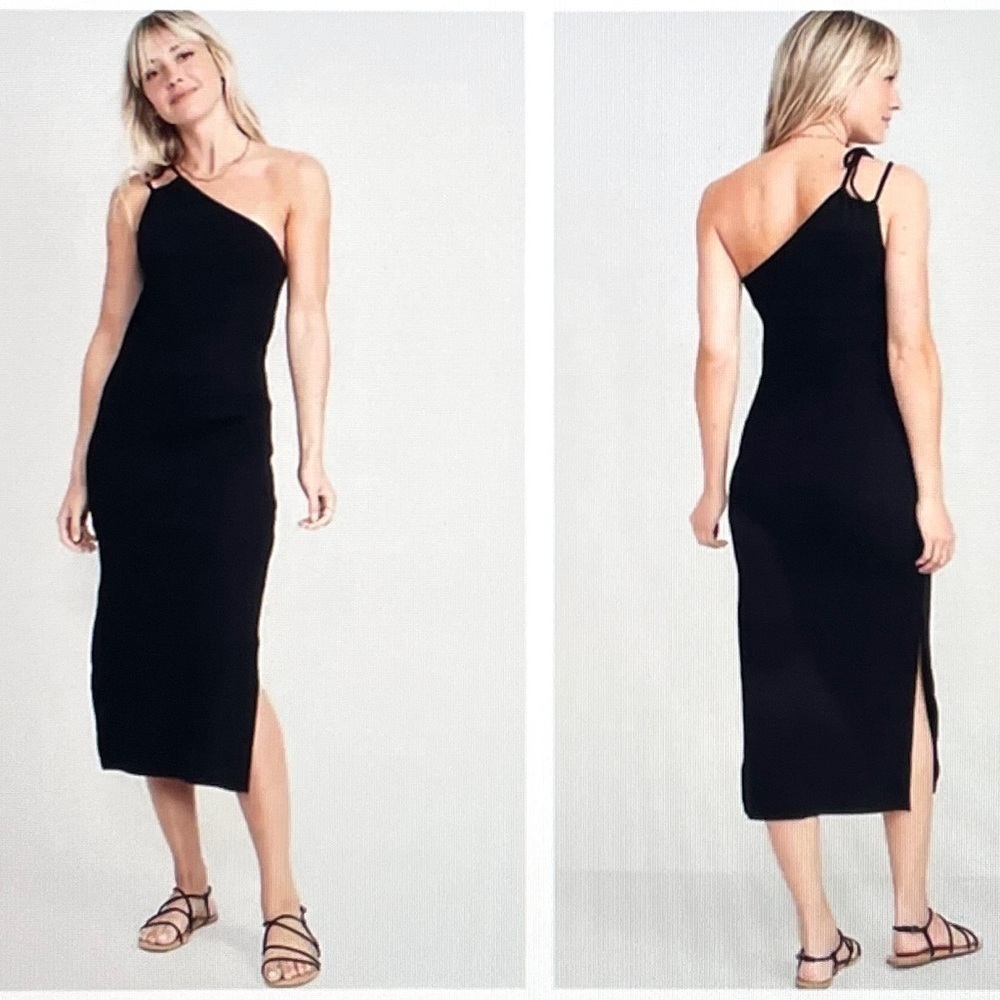 Old Navy Black Fitted One Shoulder Double Strap Rib Knit Midi Dress 3X